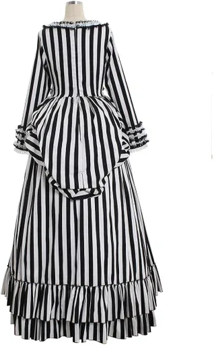 Vista 4 de Sleepy Hollow Katrina Van - Vestido de disfraz con borlas, color blanco y negro a rayas
