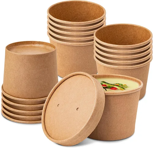 Vista 10 de PakTalk Recipientes de papel para sopa con tapas, paquete de 50 cuencos de sopa marrones, tazas biodegradables para helado con tapas para sopa