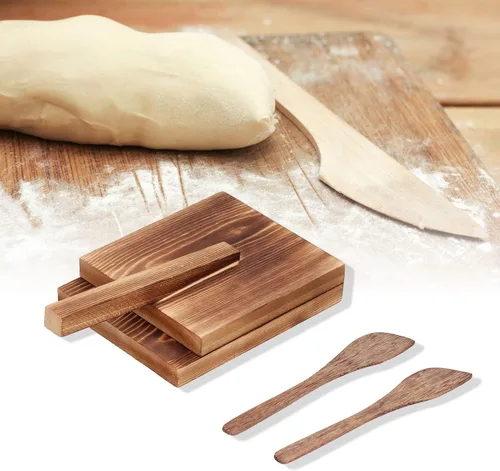 Vista 7 de Prensa de tortillas de madera 5.1, prensa de tortillas de madera dura con 2 espátulas mexicanas prensador de tortillas antideslizante, cortador