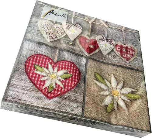 Vista 9 de 20 servilletas de corazón Edelweiss de 13 x 13 pulgadas, servilletas decorativas desechables, papel gris, marrón, rojo, blanco, verde, 3 capas