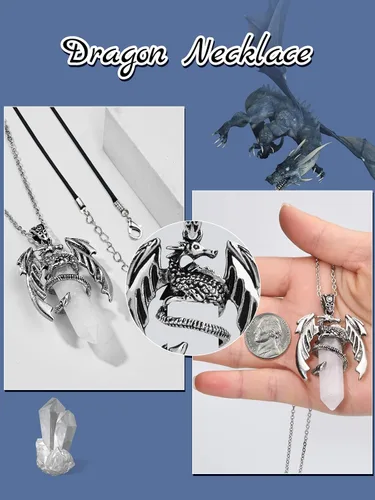 Vista 17 de Collar de dragón – Colgante hexagonal de plata envuelto en cristal con cristal natural – Joyería genial para hombres y mujeres