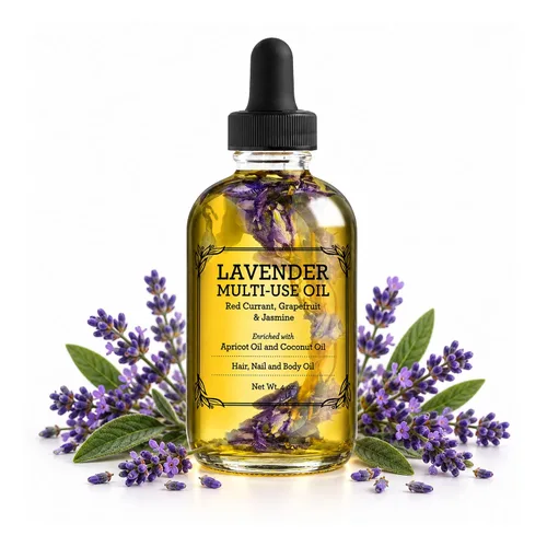 Vista 7 de Aceite multiusos para rostro, cuerpo y cabello, Forget Me Not, mezcla orgánica de albaricoque, vitamina E y aceite de almendras dulces hidratante