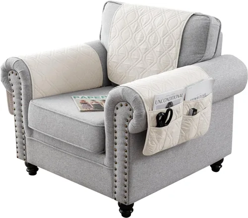 Vista 21 de Juego de 3 fundas impermeables para sofá reclinable, funda para reposabrazos y reposacabezas con 6 bolsillos de almacenamiento, protector acolchado