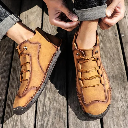 Vista 7 de Dacomfy Zapatos casuales para hombre, mocasines sin cordones, botas de tobillo con costuras a mano, botas chukka con cordones, zapatos de cuero