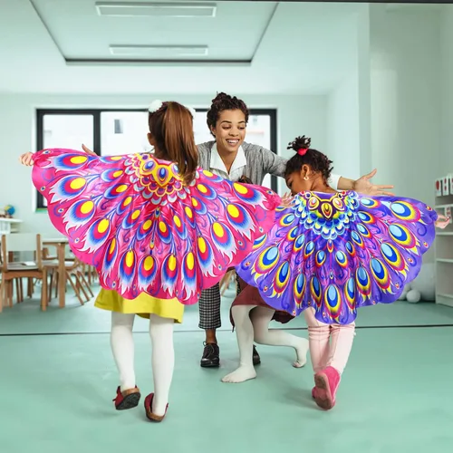 Vista 2 de iROLEWIN Peacock-Costumes-Bird-Wings Mask for Kids-Girls Feathered Parrot Owl Dress Up Cape as Boys Party Favors Gifts Toys