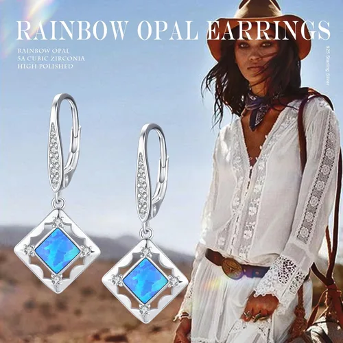 Vista 2 de Aretes colgantes de plata de ley, turquesa, ópalo, piedra lunar, aretes colgantes para mujeres y niñas, hipoalergénicos, aretes colgantes