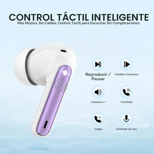 Vista 5 de Auriculares inalámbricos, auriculares Bluetooth 5.3, 40 horas de reproducción, estéreo de graves profundos, pantalla de alimentación LED Púrpura