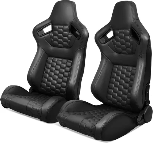 Vista 15 de IKON MOTORSPORTS, Asientos universales para vehículos de carreras con deslizadores dobles, asientos deportivos reclinables de cuero PU beige + cuero