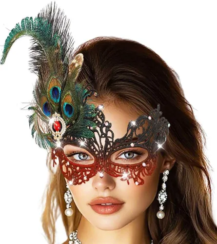 Vista 8 de Máscara de mascarada de strass Campsis, máscara de bola de mascarada verde, máscaras de fiesta con plumas para mujeres