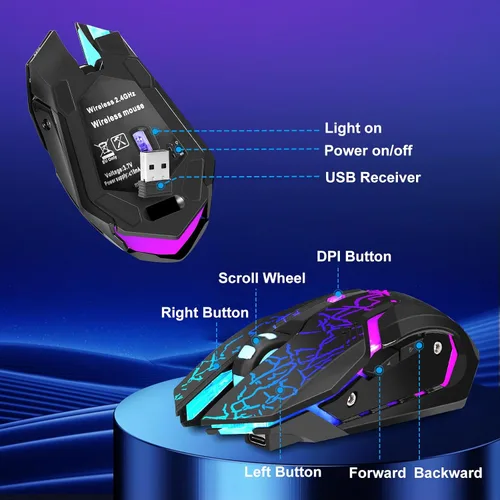 Vista 5 de Mouse inalámbrico para juegos, mouse inalámbrico recargable con carga rápida tipo C, mouse ergonómico con 3 DPI ajustables, 6 botones silenciosos