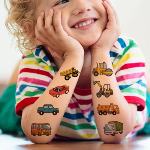 Vista 3 de CHARLENT Tatuajes temporales para automóviles y camiones para fiestas infantiles, 74 hojas individuales, para construcción de automóviles