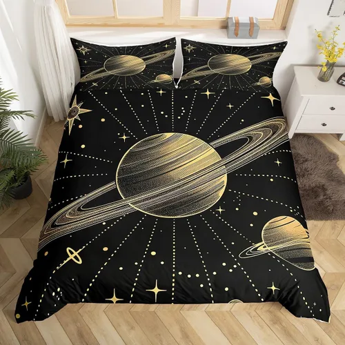 Vista 8 de Funda de edredón del espacio exterior, juego de ropa de cama bohemio para niños, funda de edredón de constelación de planeta para decoración de Negro