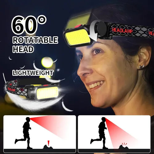 Vista 5 de Faro LED de alto lúmenes con sensor de movimiento súper brillante, 3 modos de iluminación, pantalla digital, recargable, lámpara de cabeza