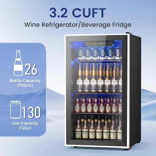 Vista 3 de Electactic Enfriador de vino para 26 botellas de 130 latas, pequeño gabinete independiente con puerta de vidrio de control de temperatura de 32 ℉ a