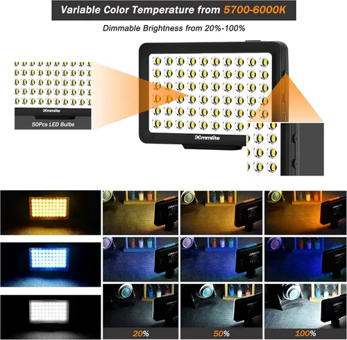 Vista 3 de Commlite CM-L50 - Luz LED de video para cámara, 50 LED 5700-6000 K, regulable, mini panel de luz para smartphones y cámaras, apto para Canon, Sony