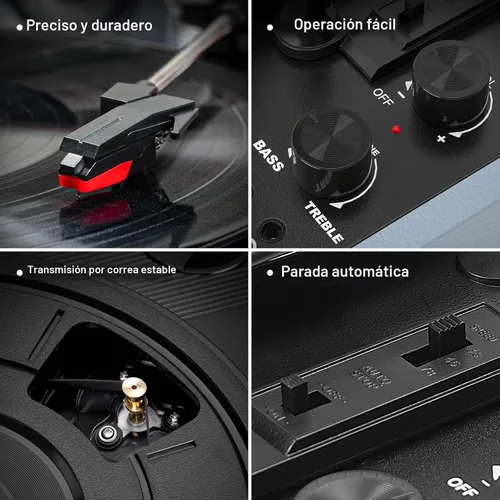 Vista 5 de VINYLS LINK Reproductor de discos de vinilo Bluetooth, tocadiscos de 3 velocidades con altavoces estéreo integrados, tocadiscos portátil de maleta
