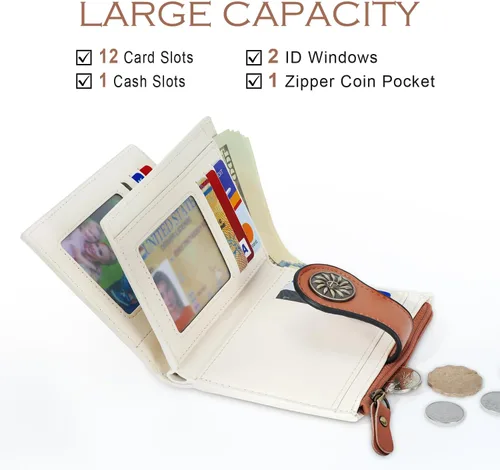 Vista 2 de Tipmile Billeteras pequeñas de cuero para mujer, con 2 ventanas de identificación, con bloqueo RFID, tarjetero con cremallera y bolsillo
