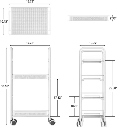 Vista 4 de Carrito de metal de 4 niveles con ruedas, con cestas, fácil de transportar y montar con práctico cubo y ganchos, blanco MRC01W