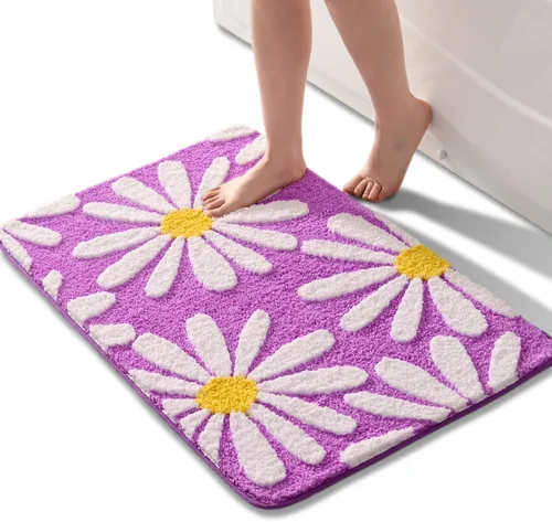 Vista 17 de QJHOMO Alfombra de baño beige con diseño de margaritas, decoración de flores blancas y amarillas, alfombra antideslizante de microfibra, súper