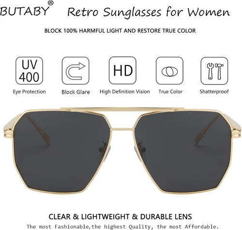 Vista 4 de BUTABY Gafas de sol retro para mujeres y hombres vintage cuadradas de gran tamaño polarizadas clásicas marco de metal UV400 gris dorado Gold Frame