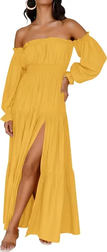 Vista 104 de ZESICA - Vestido largo, bohemio y sexy, con hombros descubiertos y manga larga fruncida, con elástico fruncido, cintura alta y abertura lateral