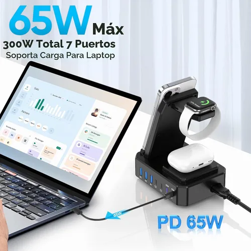 Vista 2 de Estación de carga de 300W para múltiples dispositivos Apple, cargador inalámbrico 10 en 1 para iPhone, soporte de carga rápida PD 65W USB C GaN III