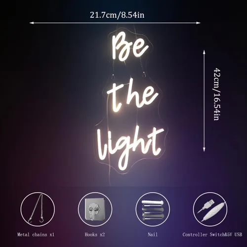 Vista 8 de Letrero de neón con texto en inglés "Be The Light", luces de neón decorativas con citas positivas para decoración de pared de habitación del hogar