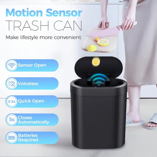 Vista 2 de jinligogo Basurero de baño de 5 galones con tapa, sensor de movimiento automático, color negro, cubo de basura delgado e impermeable sin contacto