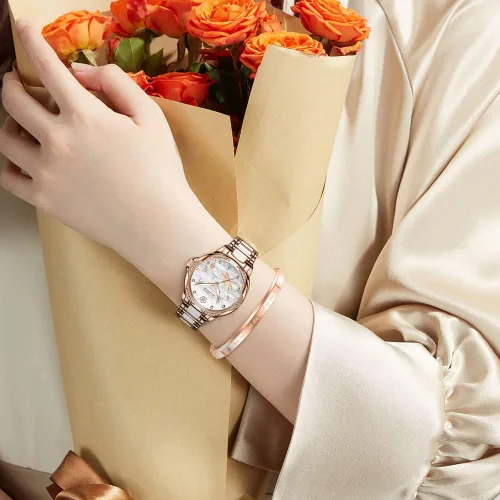 Vista 4 de OLEVS Relojes automáticos para mujer, mecánico, esfera de corazón, esfera de corazón, oro rosa, banda de cerámica, impermeable, luminoso, fecha