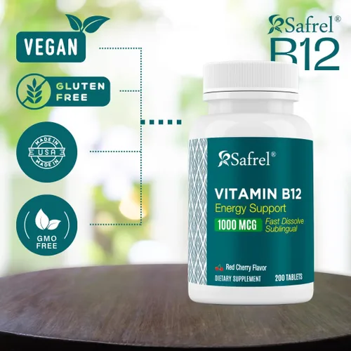 Vista 2 de Safrel Vitamina B12 1000 mcg, 200 tabletas de disolución rápida, fácil de tomar sabor a cereza B12 sublingual, suministro para 200 días