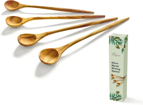 Vista 8 de WONDERFUL Cucharas de mango largo de madera de olivo 100% natural para café, té, batidos, para remover en la cocina, coctelera; cuchara para mezclar