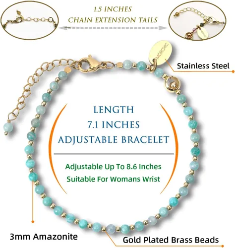 Vista 2 de Morchic 3mm Natural Gemstone Beaded Bracelet for Women, Dainty Tiny Charm Jewelry, Adjustable 7.1-8.6" Ideal Birthday Holiday Gift