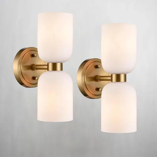 Vista 10 de CLAXY Lámpara de pared moderna de baño en oro con vidrio lechoso, accesorios de iluminación de baño con 2 luces regulables Dual E26 Based Cylinder