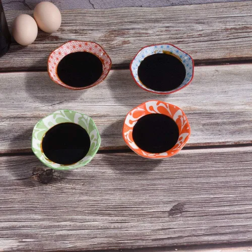 Vista 7 de Juego de 4 cuencos de cerámica para salsas, 4.1 in, cuencos de preparación con patrones de estilo nórdico para condimentos, salsa de soja