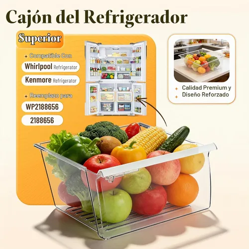 Vista 2 de Kojem 2188656 Cajón de Repuesto para Vegetales (Superior) Compatible con Refrigerador Whirlpool Kenmore con Control de Humedad, Plástico (PS)