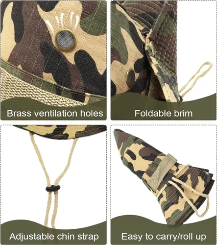 Vista 3 de Zylioo Sombreros Boonie de gran tamaño XXL, sombrero táctico militar de safari para cabezas grandes, sombreros de caza ligeros con correa