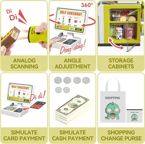 Vista 4 de Juego de caja registradora para niños – 48 piezas de dinero de simulación, calculadora, escáner, tarjeta de crédito y comida de juego para niños