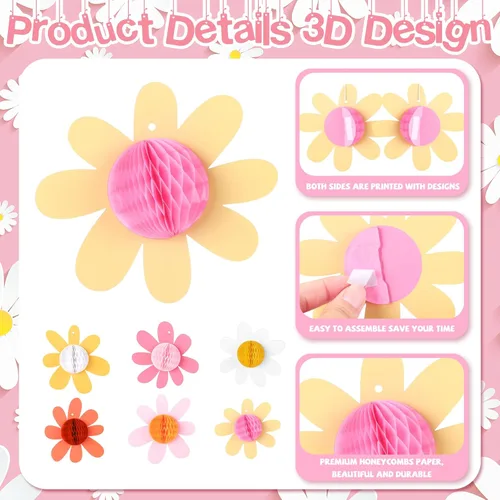 Vista 3 de Poen - 12 decoraciones de fiesta de margaritas con diseño de panal de abeja, flores bohemias para colgar en papel, decoraciones de verano, aula