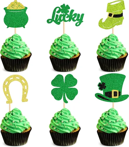 Vista 11 de Juego de 1 palillos para tartas de trébol, decoración de trébol con purpurina verde dorada para cumpleaños, baby shower, suministros de fiesta
