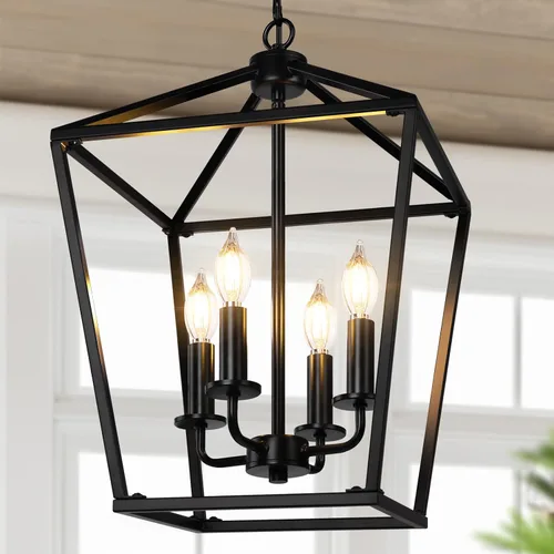Vista 12 de Lámpara de araña estilo granja para cocina y comedor, lámpara colgante rústica de 4 luces para techo con altura ajustable en acabado de madera