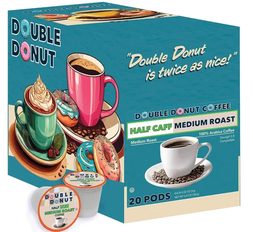 Vista 3 de Double Donut Coffee Cápsulas de Café Half Caff, Cápsulas de Café de Media Cafeína de Porción Individual para Cafeteras Keurig K Cup, Tostado Medio