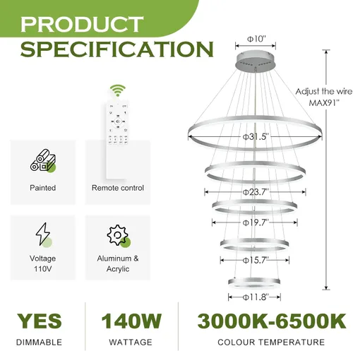 Vista 103 de Benkut Lámpara de Araña de Anillo LED Moderna Negra para Comedor, Lámpara de Araña de Techo Circular Empotrada Regulable con Control Remoto