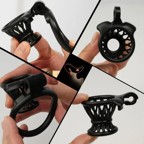 Vista 6 de Jaula de castidad negativa Juguete sexual masculino con 4 anillos de pollos 3D pequeños dispositivos de chasidad bloqueadas jaulas de nylon trampa