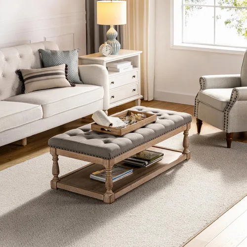 Vista 9 de HULALA HOME - Mesa de café otomana rectangular con bandeja, otomana acolchada para sala de estar con estante de almacenamiento de madera maciza, azul