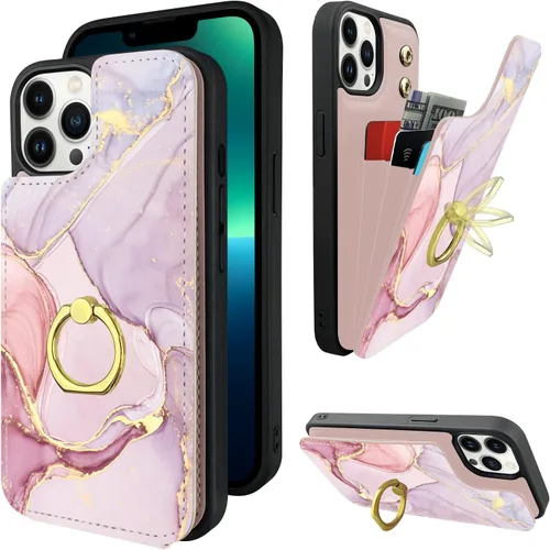 Vista 12 de Funda tipo cartera compatible con iPhone 13 Pro con soporte para tarjetas, rotación de 360°, soporte de anillo de dedo con función atril, bloqueo