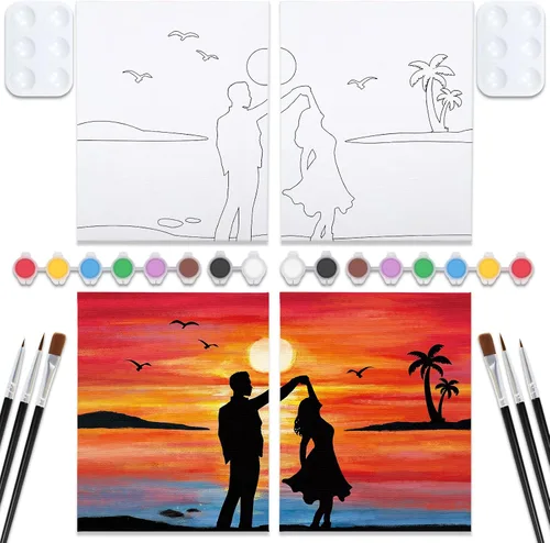 Vista 8 de VOCHIC Kit de pintura para sorbos y pinturas, lienzo predibujado para parejas, kit de pintura para adultos, citas, noche, puesta de sol, playa