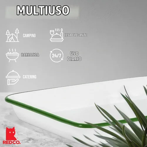 Vista 4 de Red Co. Bandeja rectangular clásica de metal esmaltado de 11 x 9 pulgadas, 2 cuartos de galón, borde blanco sólido/verde oscuro Borde blanco/verde