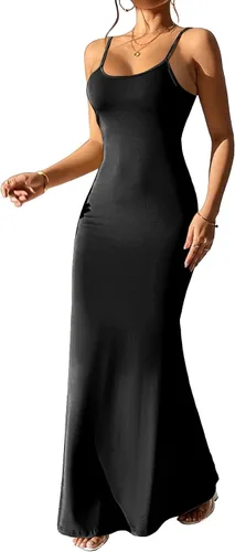 Vista 2 de Yajedo Vestido formal para mujer, sexy, casual, para descansar, con tirantes delgados, entallado, sin mangas, vestido largo sin negro