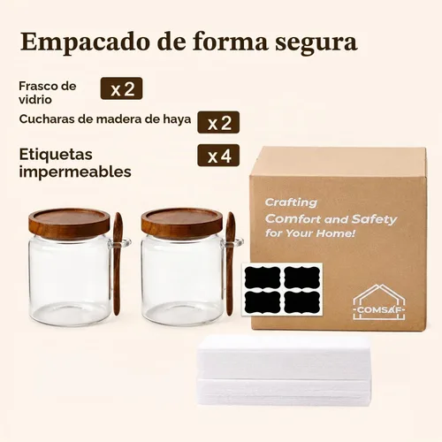 Vista 8 de ComSaf Tarros de azúcar con tapas y cucharas de madera de acacia de 0.5