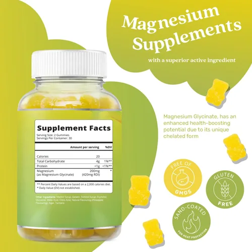 Vista 3 de BeLive Gomitas de magnesio de 200 mg - 60 unidades Suplementos de glicinato de magnesio para relajación, alivio del estrés y sueño para adultos